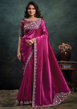 Royal Purple Pink Crush Satin Silk Saree with Pearl & Stone Embroidery