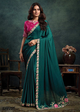 Teal Green Satin Silk Embroidered Saree with Floral Thread and Stone Work