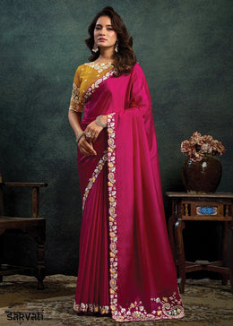 Barbie Pink Satin Silk Embroidered Saree with Floral Thread and Stone Work