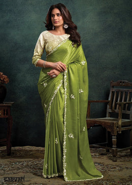 Two Tone Green Satin Silk Saree with Pearl & Stone work Embroidery