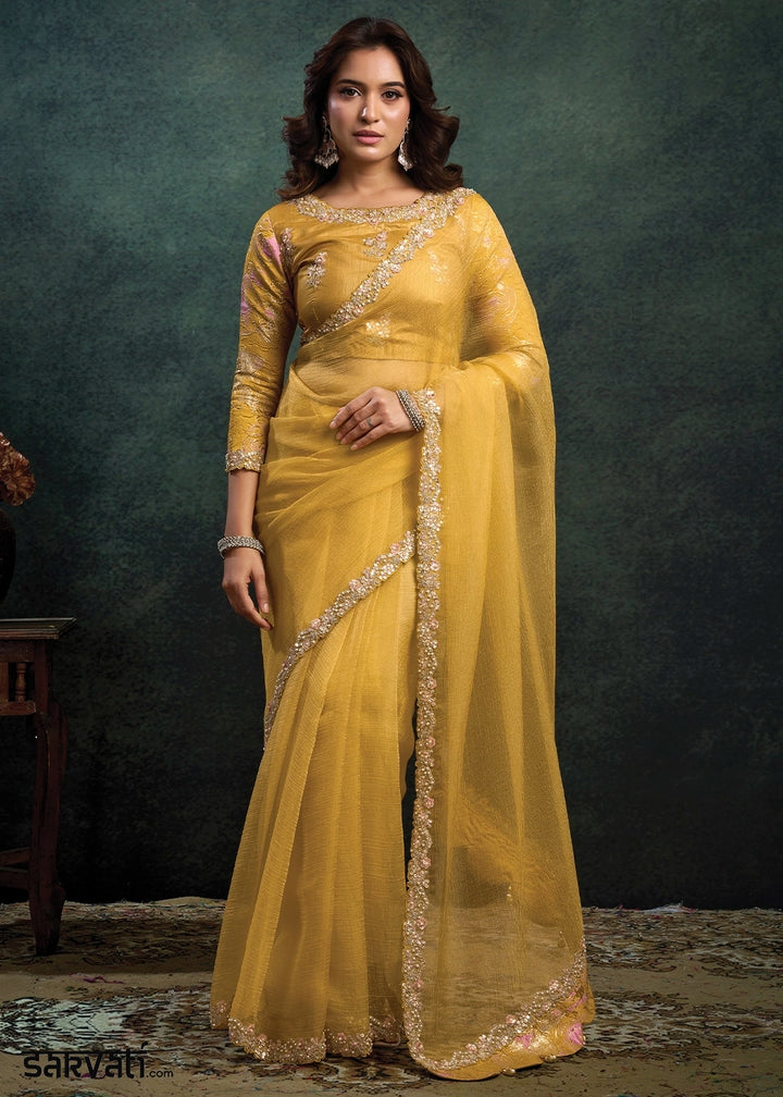 Mustard Yellow Crush Organza Silk Saree with Pearl & Stone work Embroidery