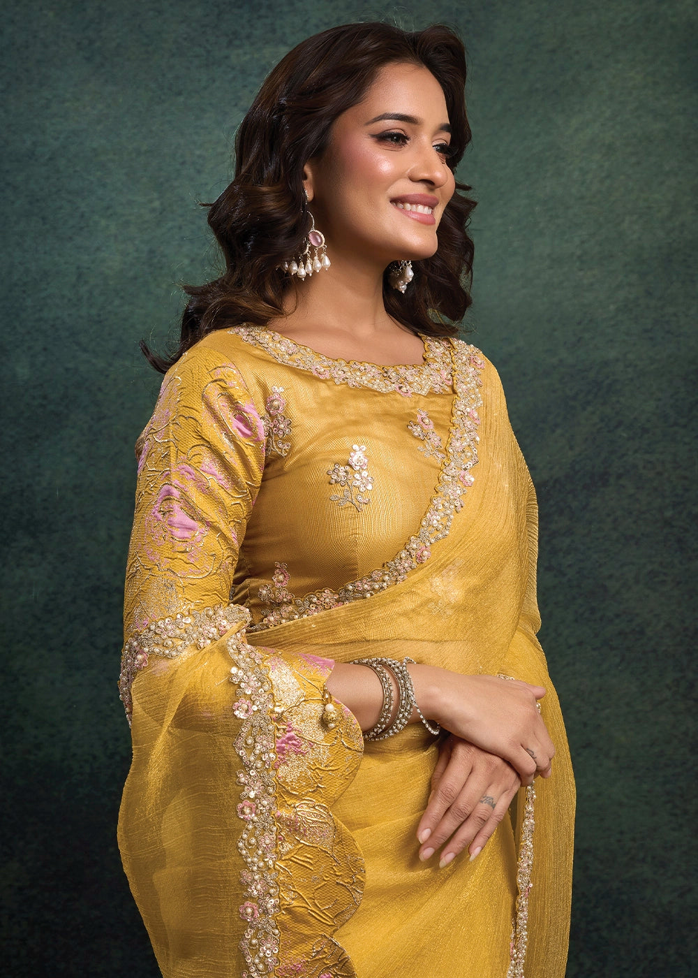 Mustard Yellow Crush Organza Silk Saree with Pearl & Stone work Embroidery