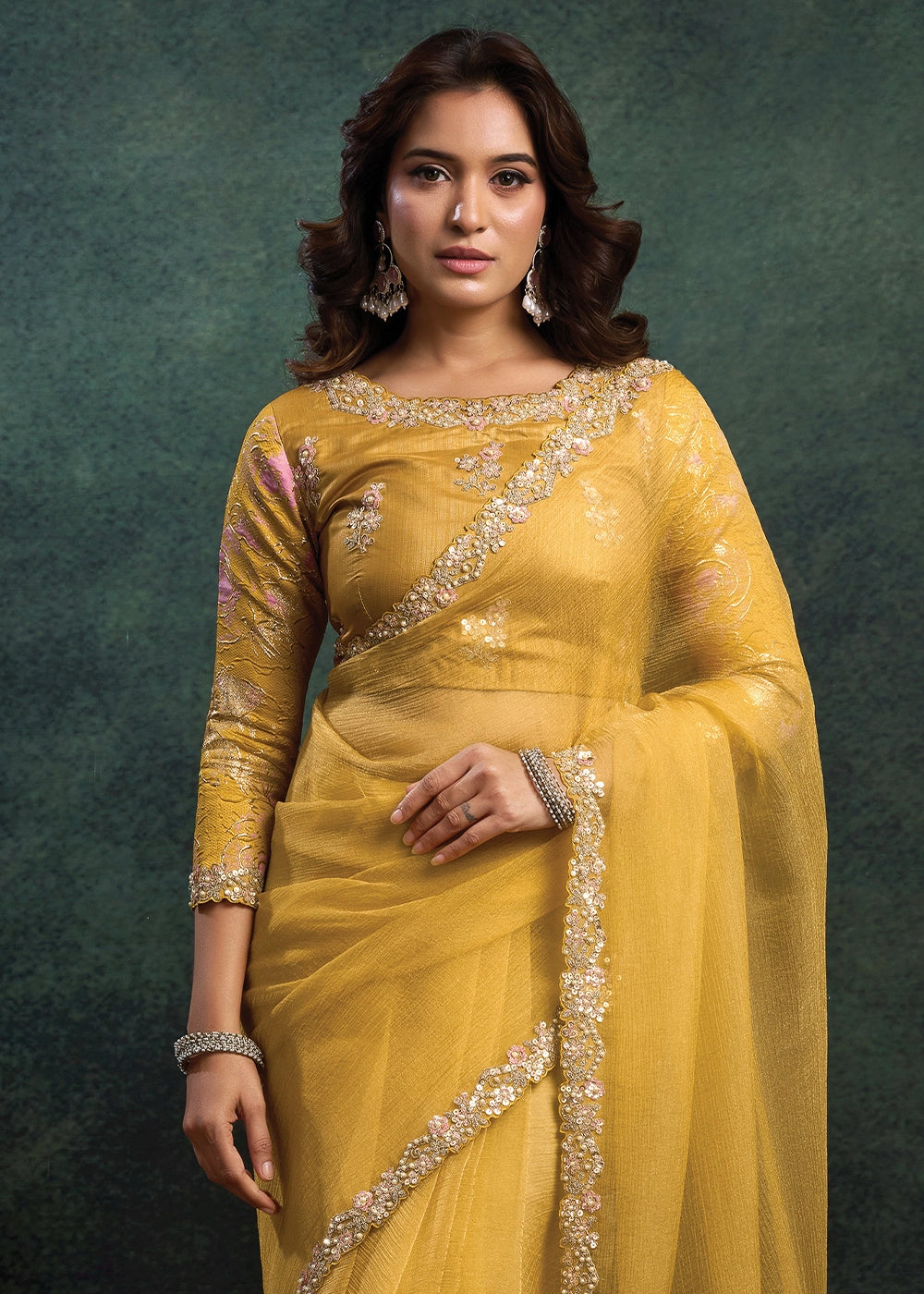 Mustard Yellow Crush Organza Silk Saree with Pearl & Stone work Embroidery