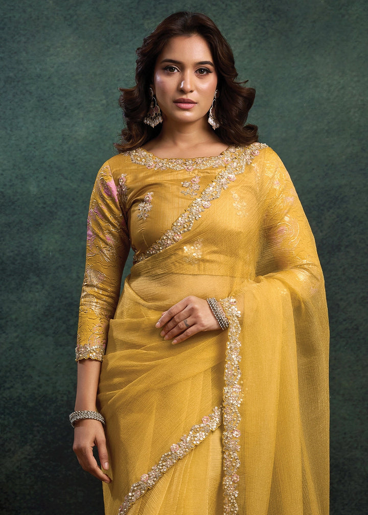 Mustard Yellow Crush Organza Silk Saree with Pearl & Stone work Embroidery