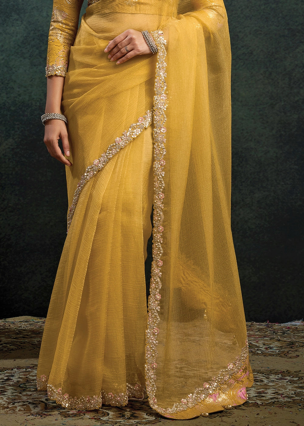 Mustard Yellow Crush Organza Silk Saree with Pearl & Stone work Embroidery