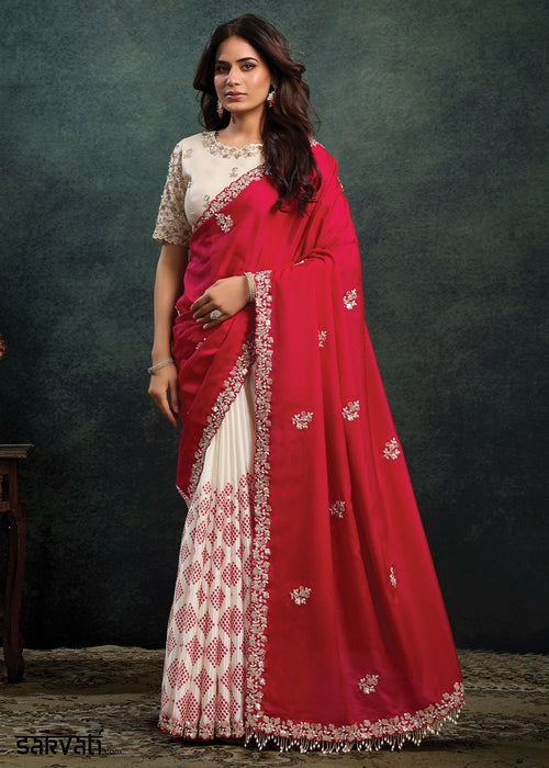 Red & White Satin Silk Saree with Sequins & Pearl work Embroidery
