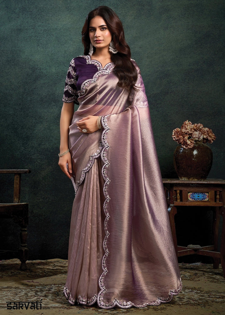 Shades Of Purple Zari Organza Silk Saree with Sequins & Pearl work Embroidery