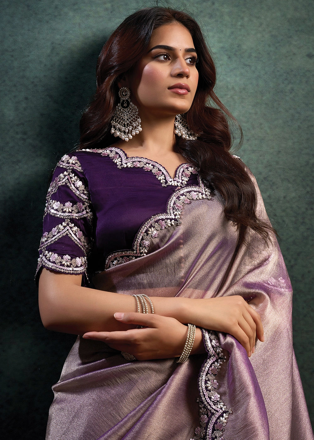 Shades Of Purple Zari Organza Silk Saree with Sequins & Pearl work Embroidery