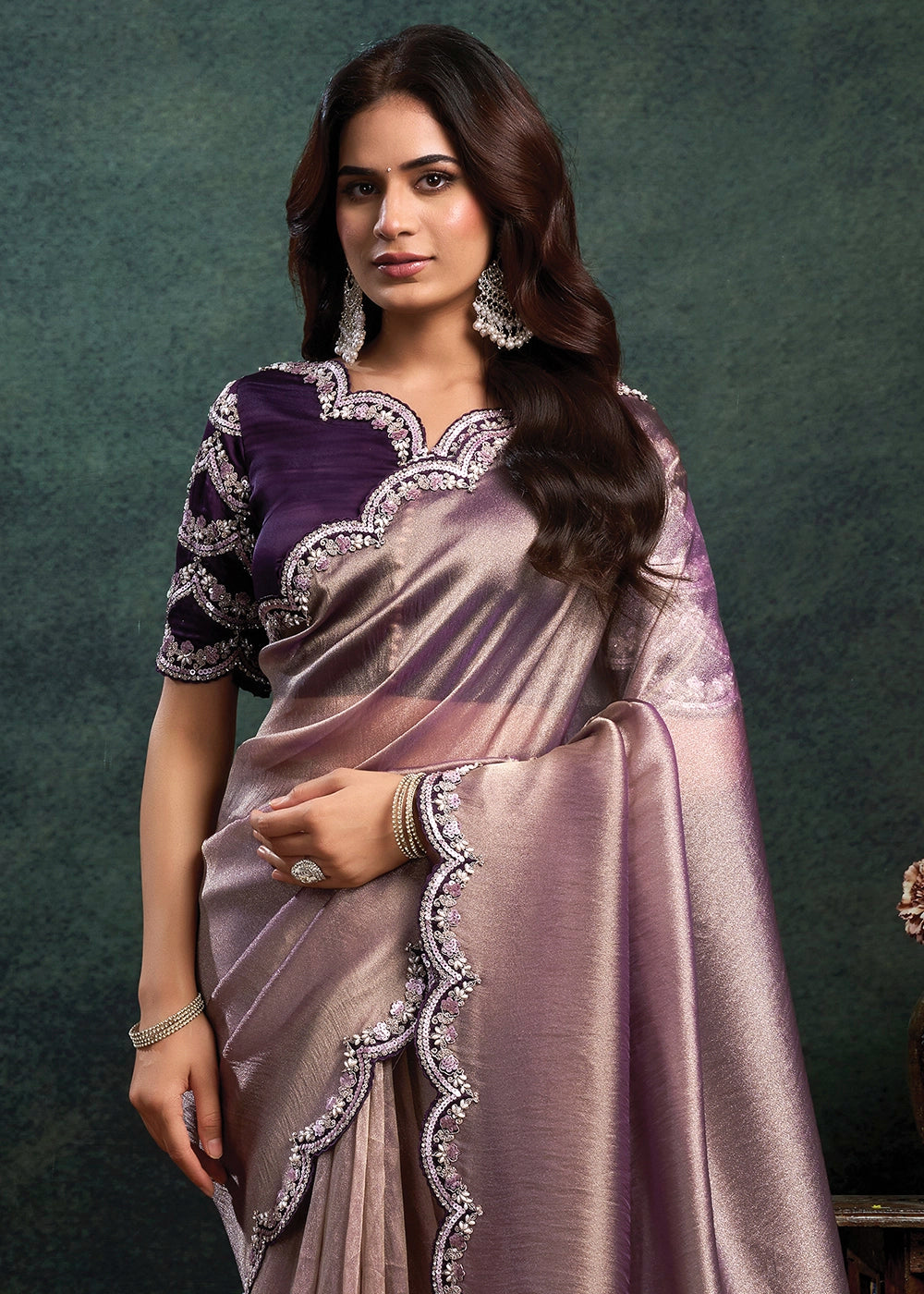 Shades Of Purple Zari Organza Silk Saree with Sequins & Pearl work Embroidery