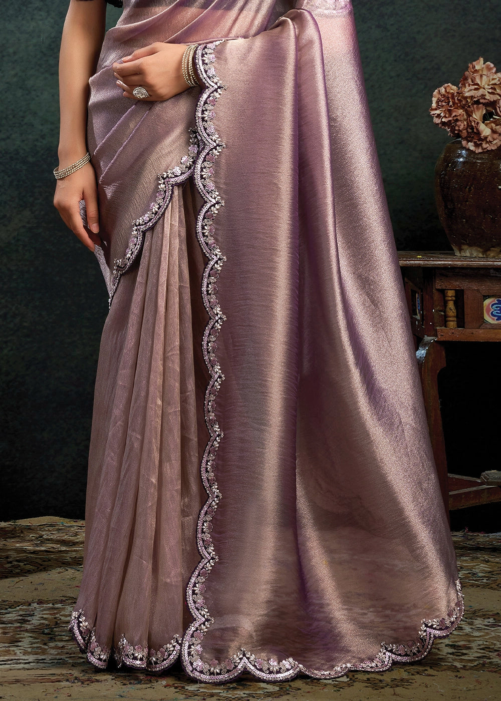 Shades Of Purple Zari Organza Silk Saree with Sequins & Pearl work Embroidery
