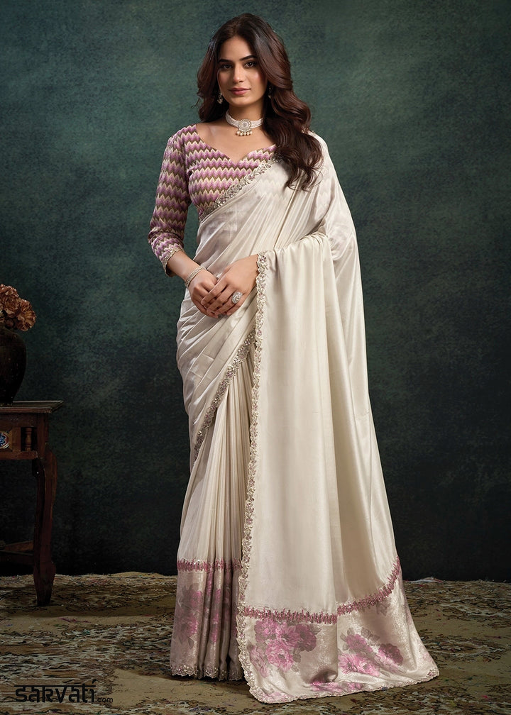 Rice White Upada Silk Saree with Pearl & Stone work Embroidery