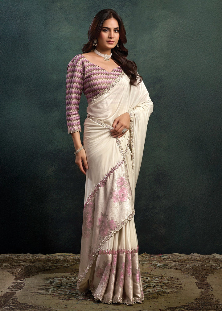 Rice White Upada Silk Saree with Pearl & Stone work Embroidery