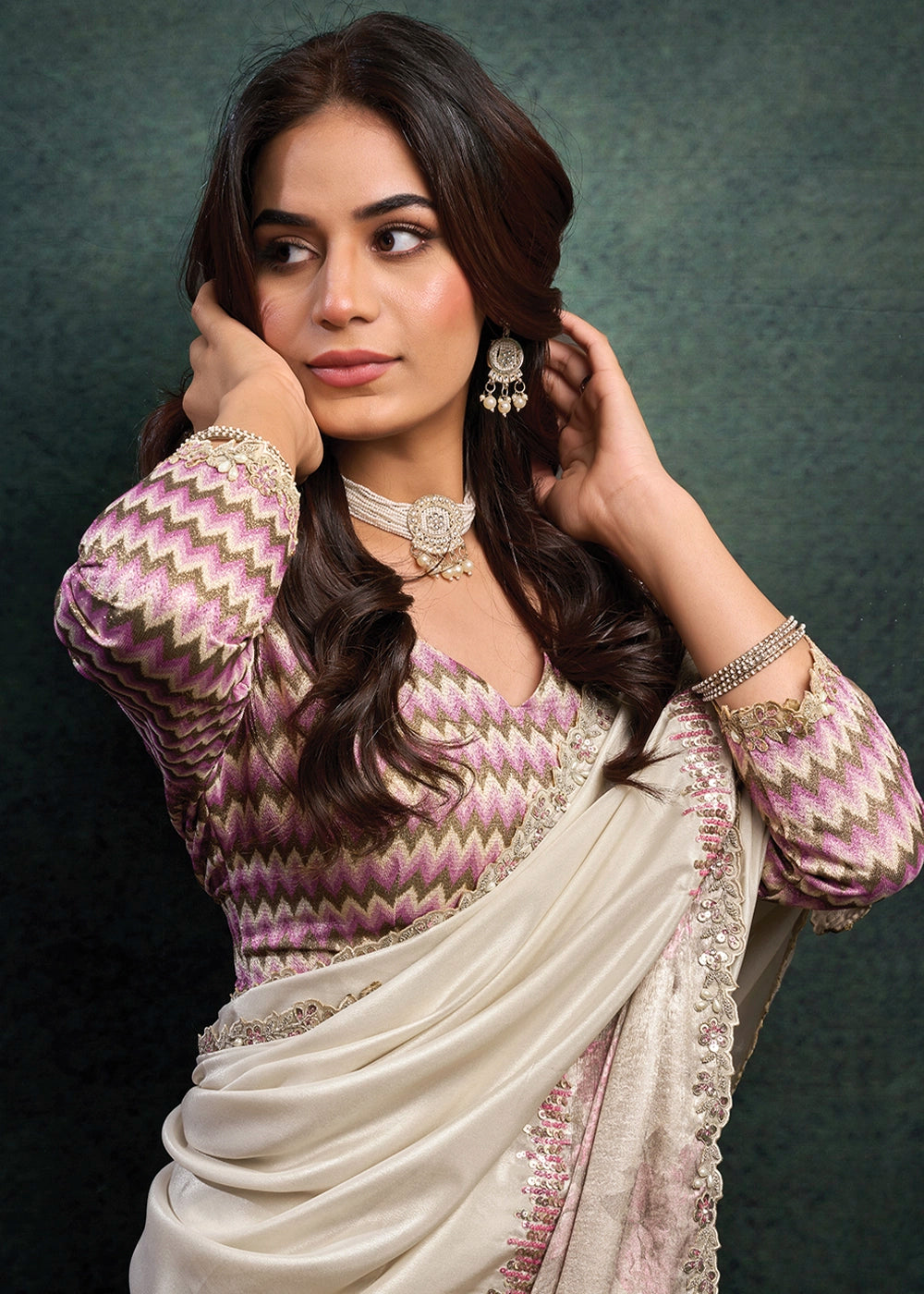 Rice White Upada Silk Saree with Pearl & Stone work Embroidery