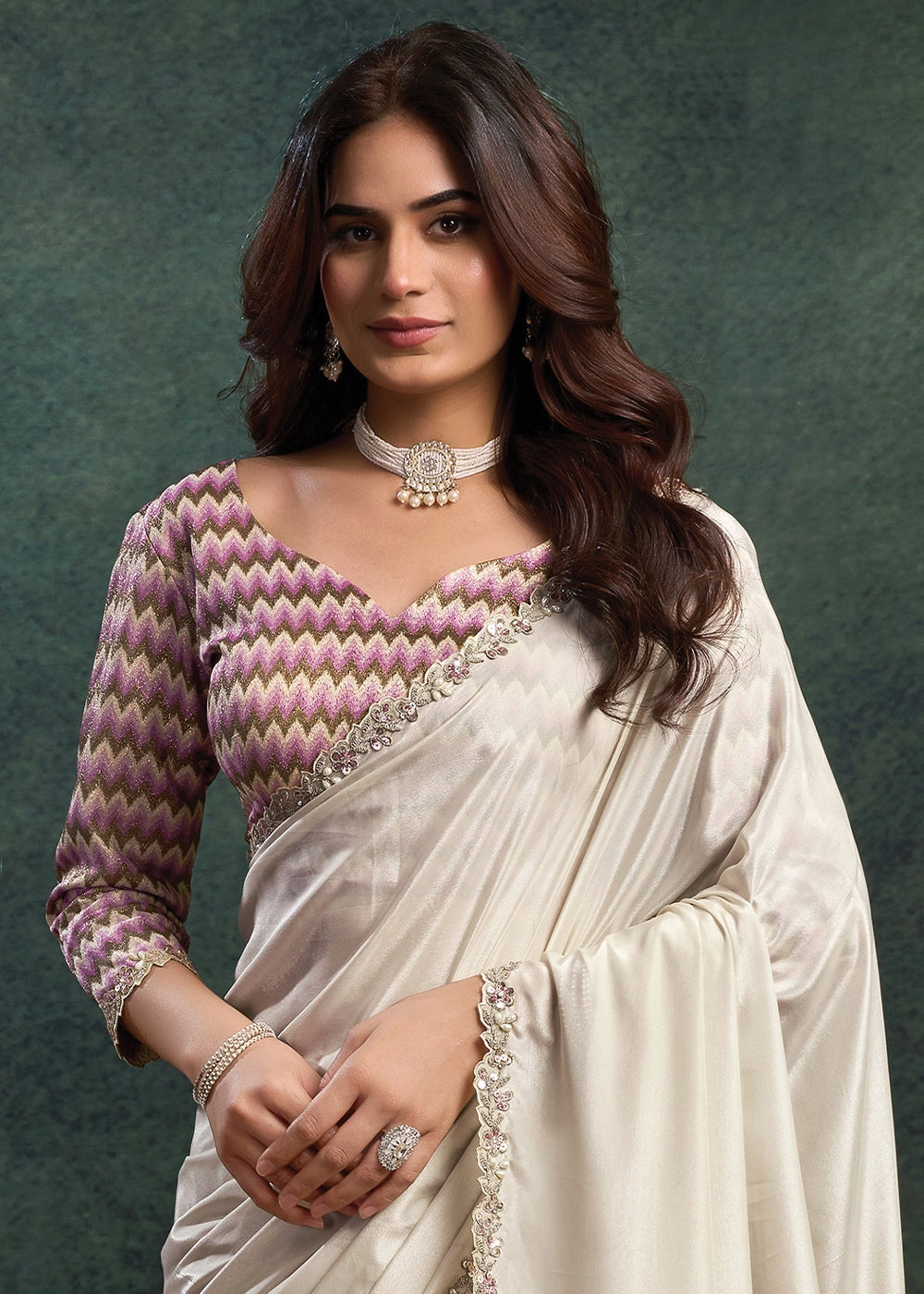 Rice White Upada Silk Saree with Pearl & Stone work Embroidery