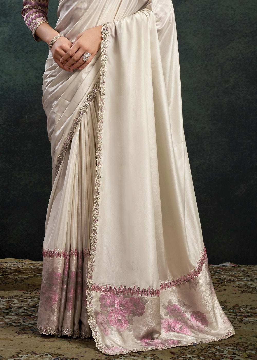 Rice White Upada Silk Saree with Pearl & Stone work Embroidery
