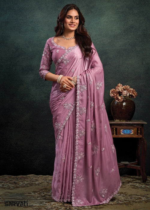 Lilac Purple Satin Silk Saree with Sequins,Pearl & Stone work Embroidery