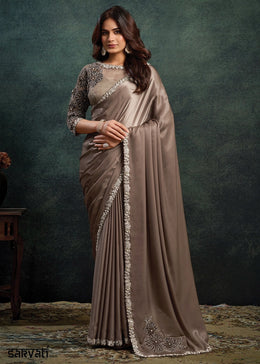 Greyish Brown Satin Silk Saree with Stone & Applique work