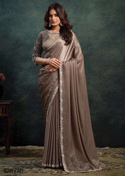 Greyish Brown Satin Silk Saree with Stone & Applique work