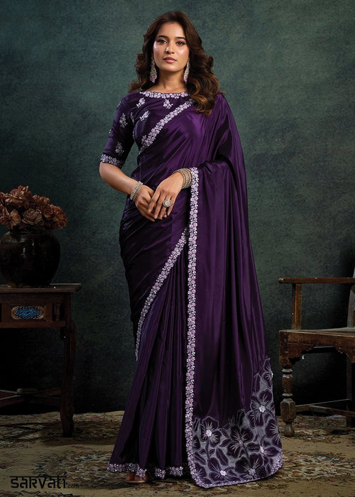 Plum Purple Satin Silk Saree with Pearl & Applique work