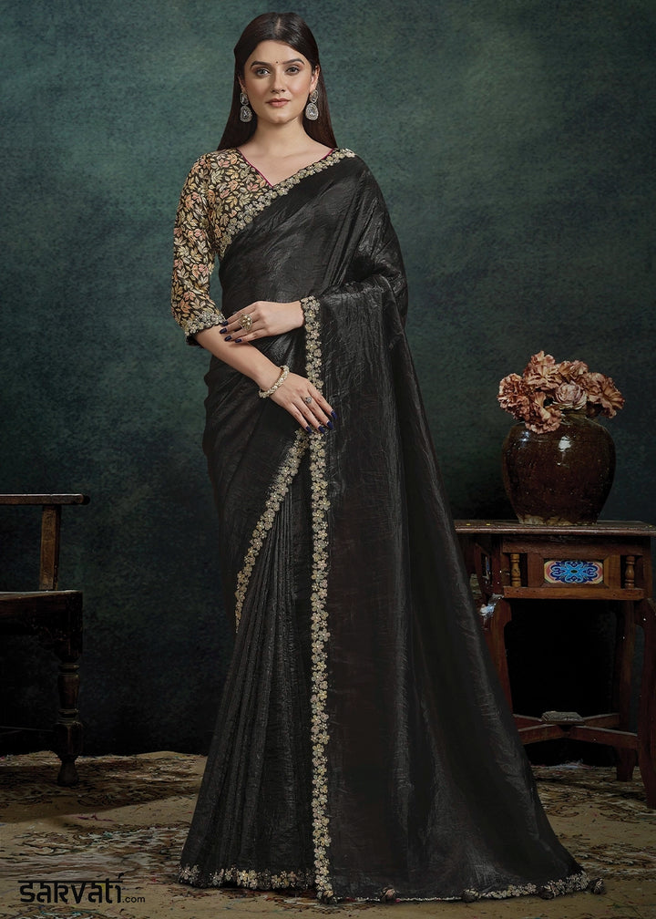 Charcoal Black Crushed Paper Silk Saree with Floral Embroidery
