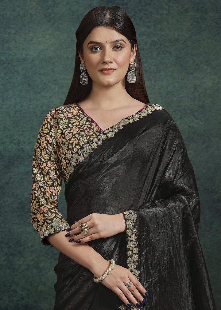 Charcoal Black Crushed Paper Silk Saree with Floral Embroidery