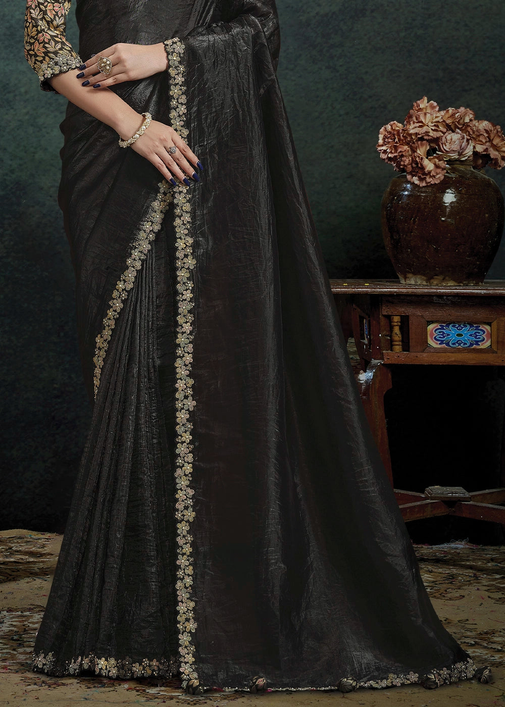 Charcoal Black Crushed Paper Silk Saree with Floral Embroidery