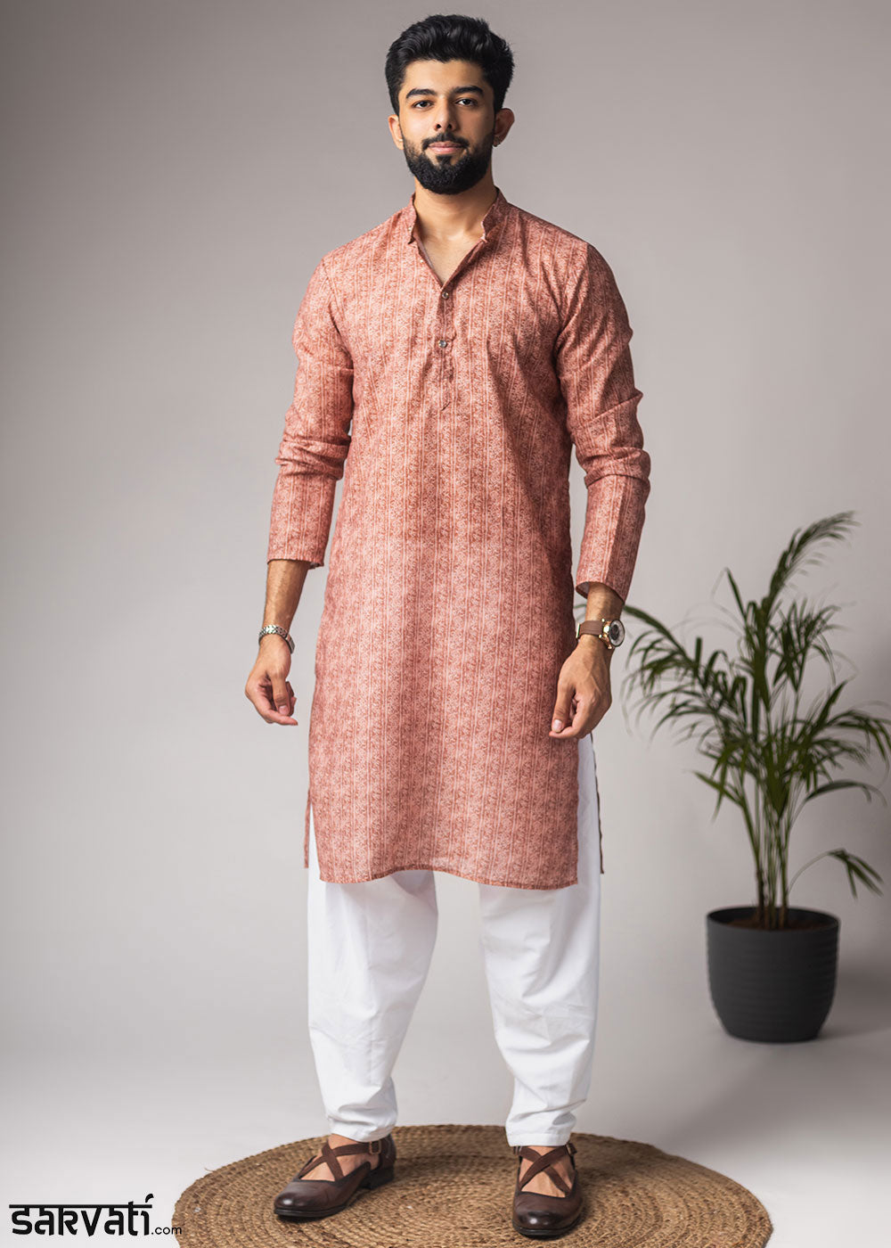 Terracotta Orange Blended Linen Kurta with Subtle Motif Print