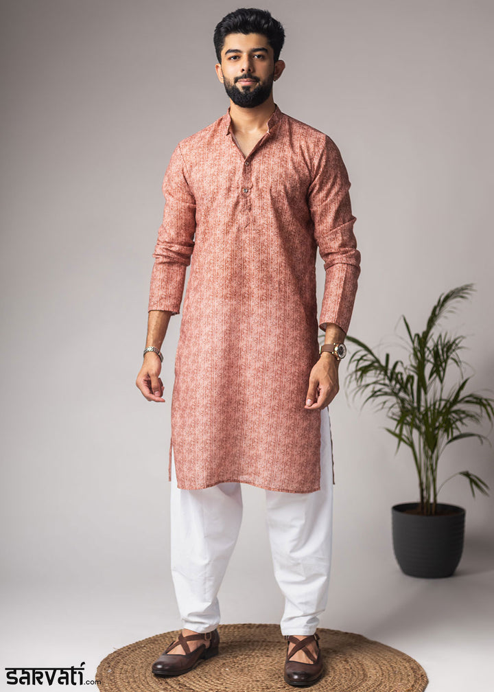 Terracotta Orange Blended Linen Kurta with Subtle Motif Print
