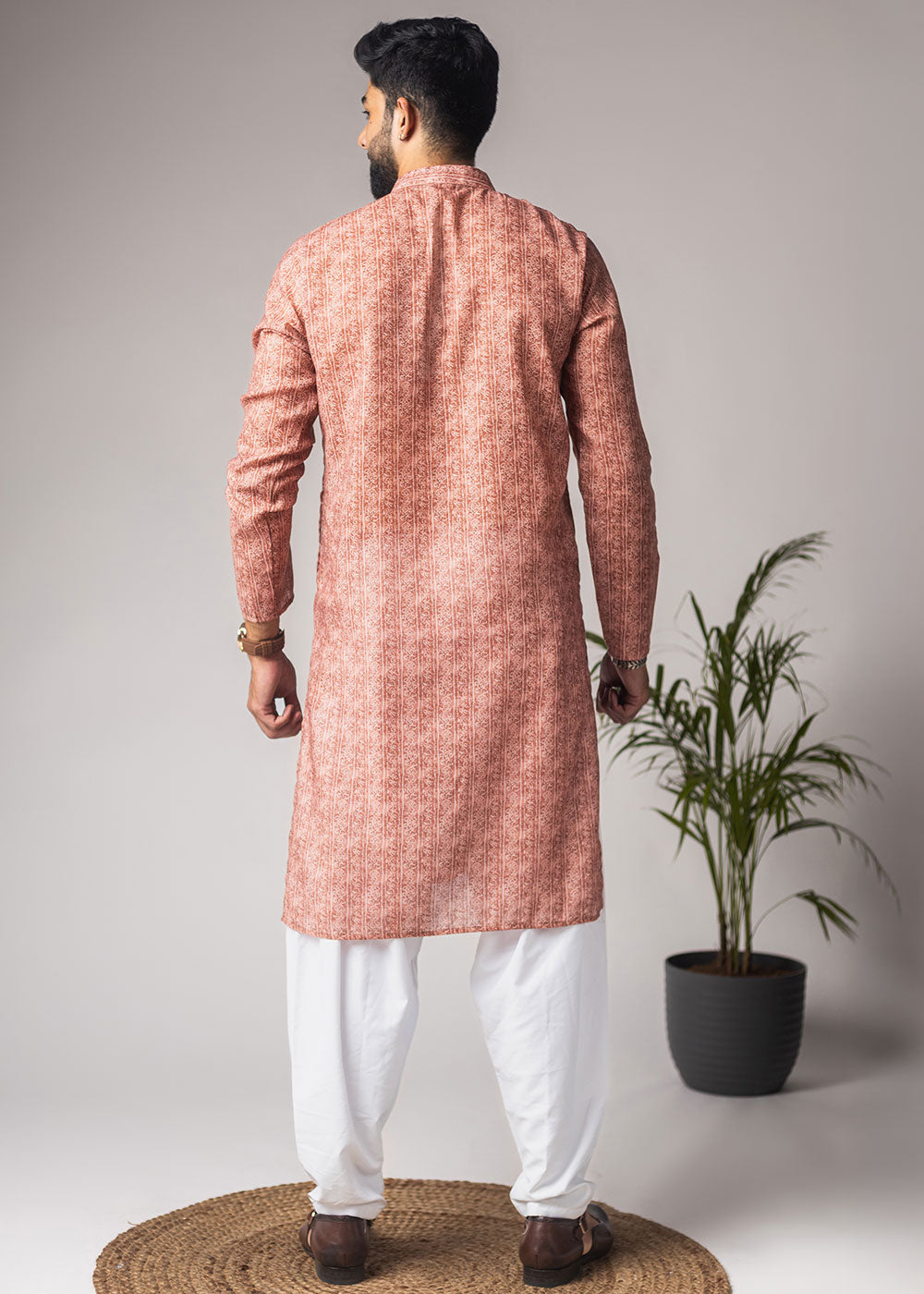 Terracotta Orange Blended Linen Kurta with Subtle Motif Print