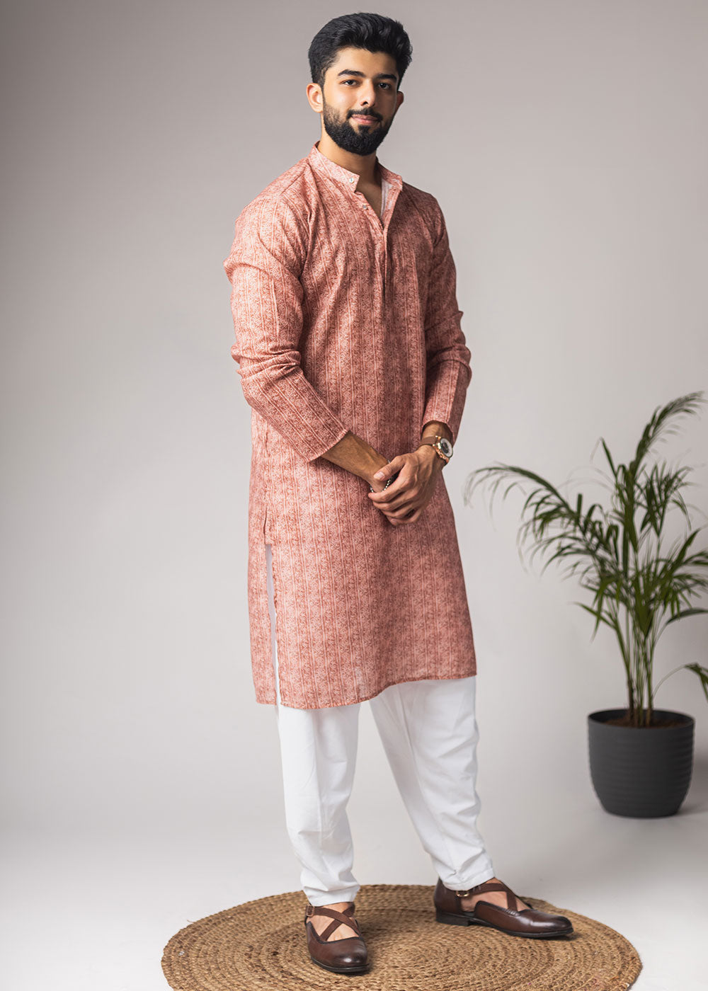 Terracotta Orange Blended Linen Kurta with Subtle Motif Print