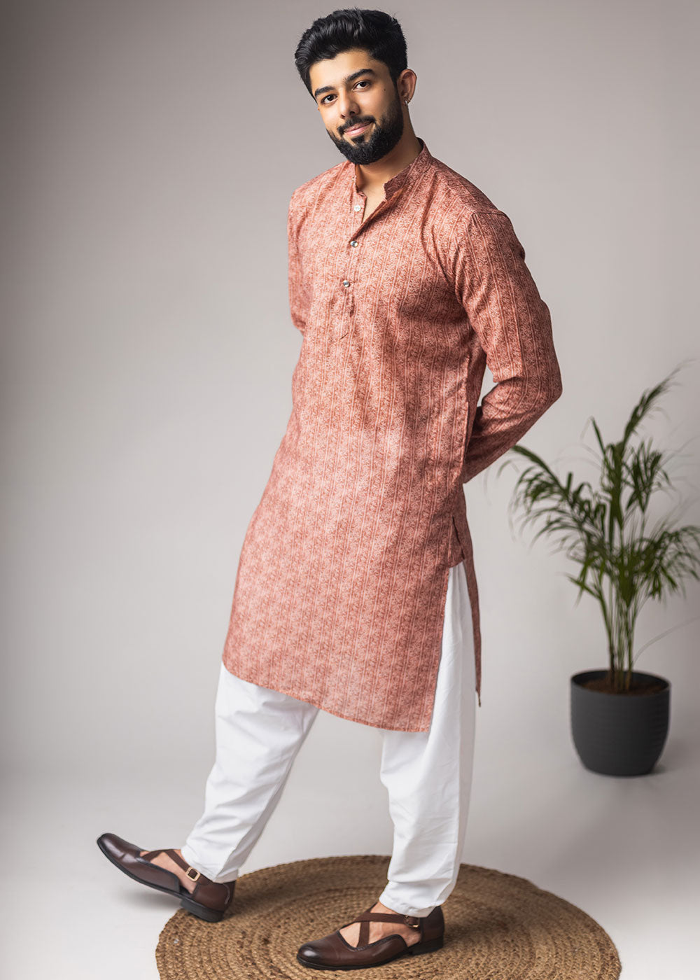 Terracotta Orange Blended Linen Kurta with Subtle Motif Print