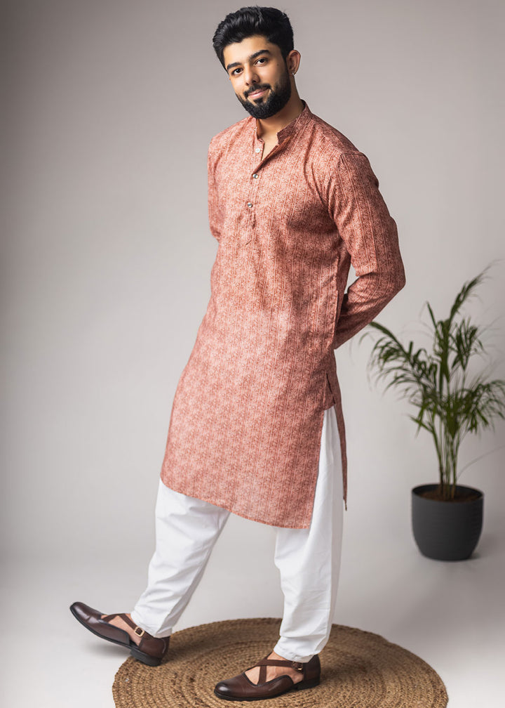 Terracotta Orange Blended Linen Kurta with Subtle Motif Print