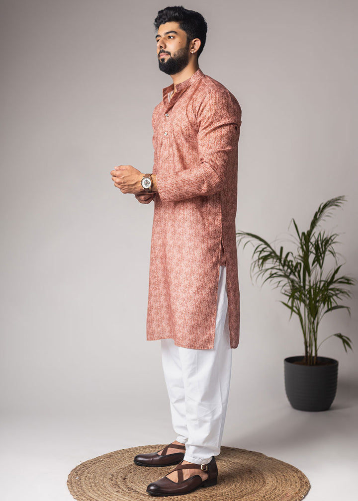Terracotta Orange Blended Linen Kurta with Subtle Motif Print