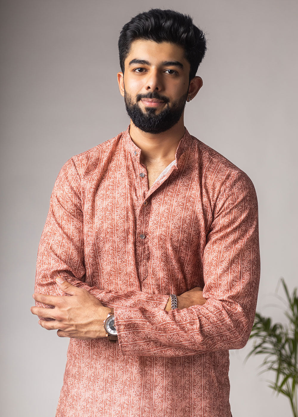 Terracotta Orange Blended Linen Kurta with Subtle Motif Print