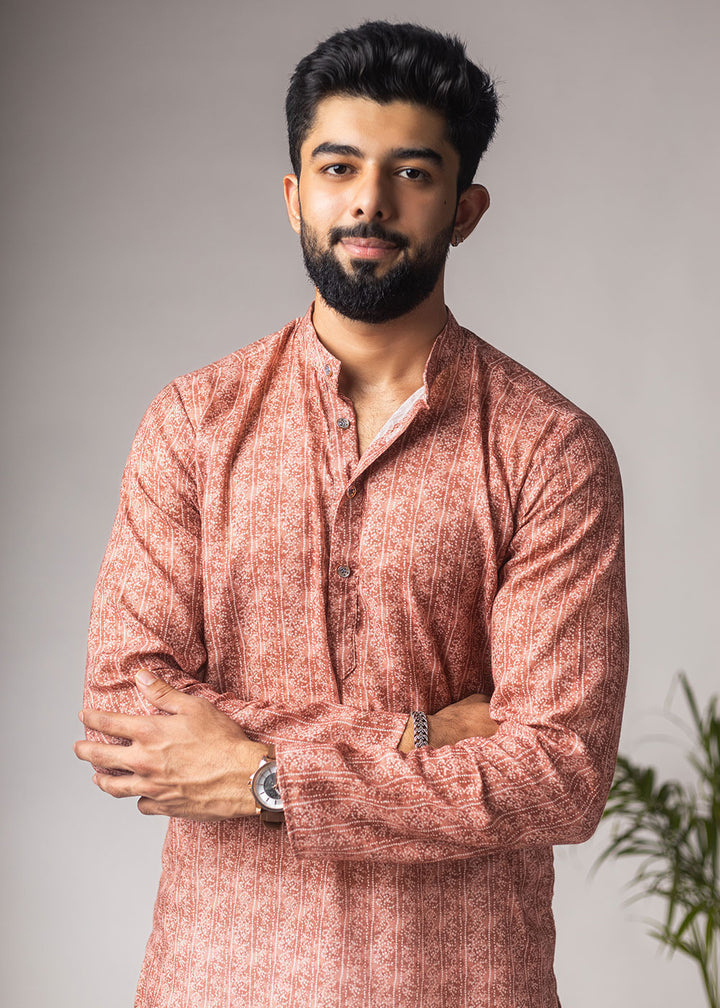 Terracotta Orange Blended Linen Kurta with Subtle Motif Print