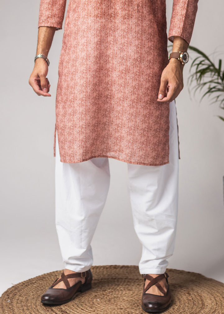 Terracotta Orange Blended Linen Kurta with Subtle Motif Print