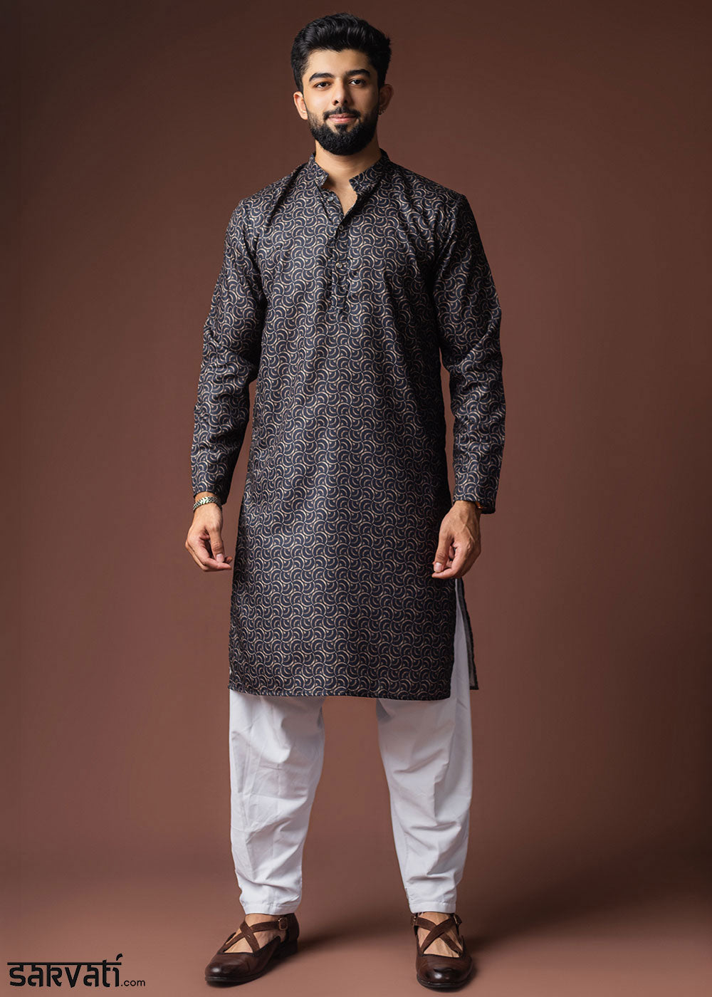 Midnight Blue Blended Linen Kurta with Artistic Mosaic Print