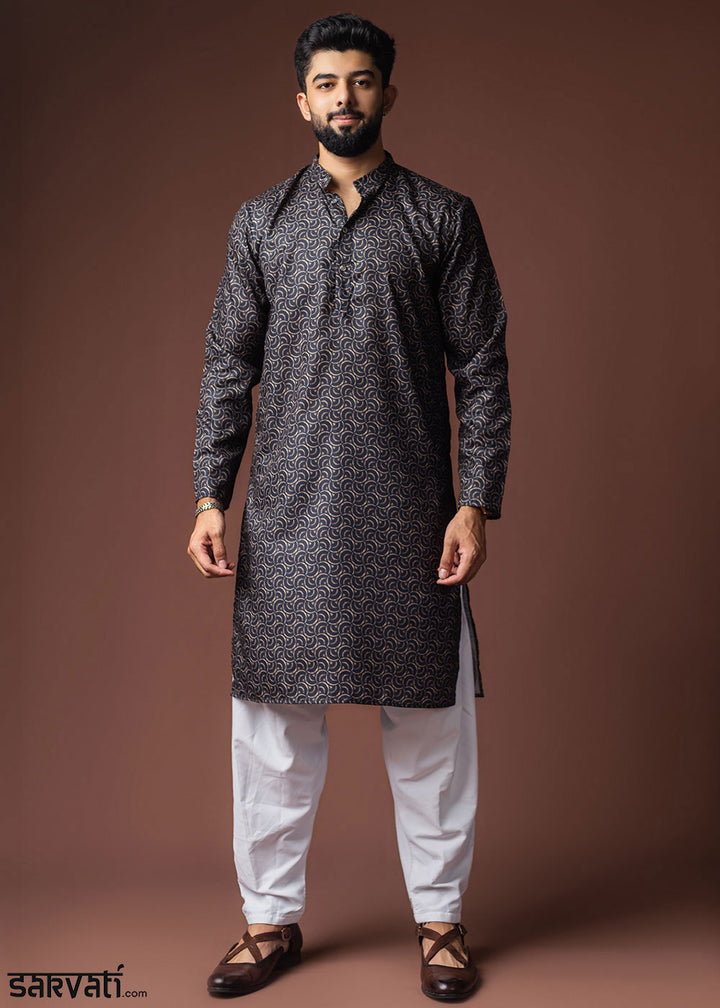 Midnight Blue Blended Linen Kurta with Artistic Mosaic Print