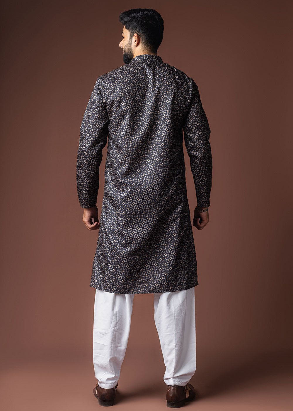 Midnight Blue Blended Linen Kurta with Artistic Mosaic Print