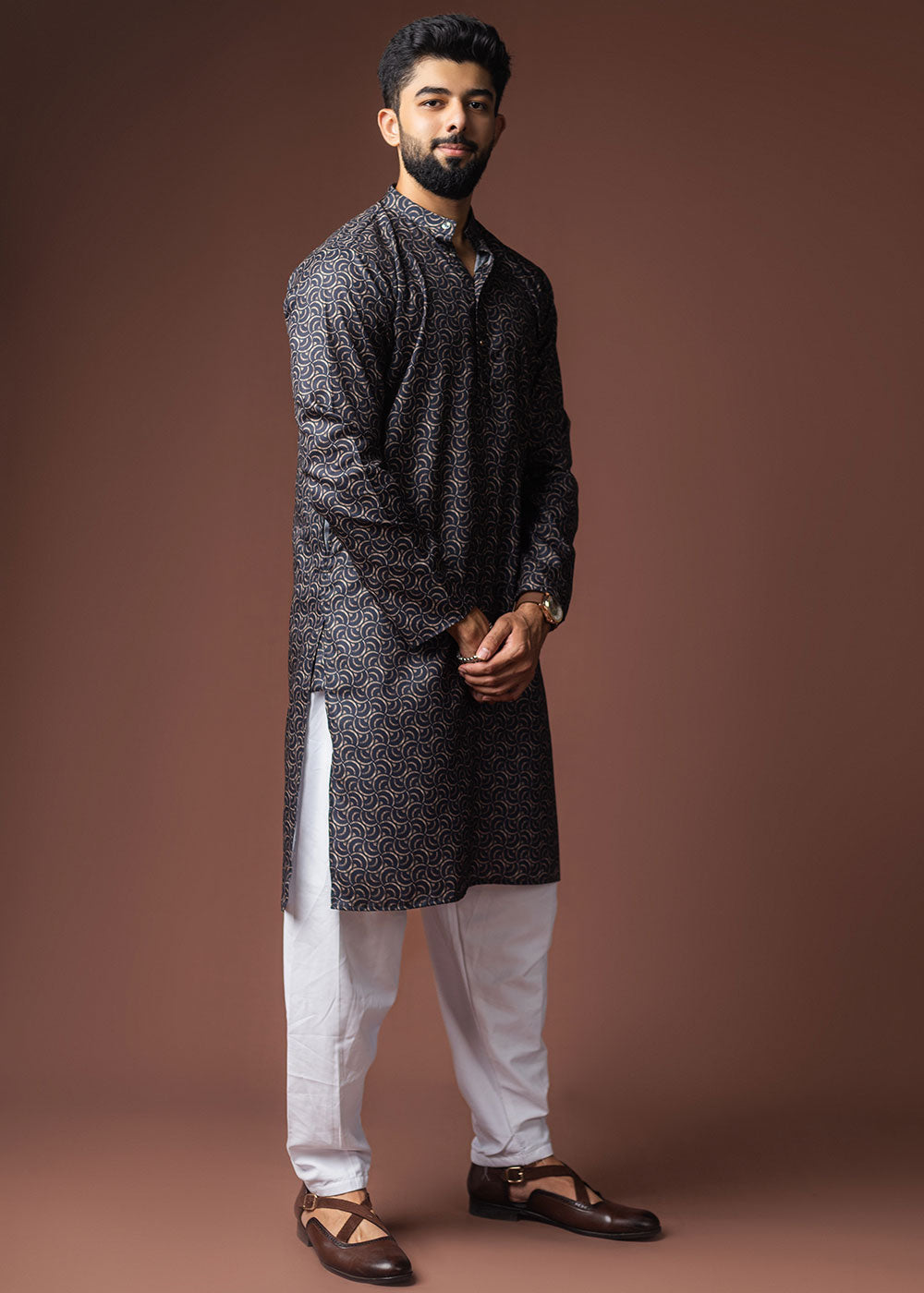 Midnight Blue Blended Linen Kurta with Artistic Mosaic Print