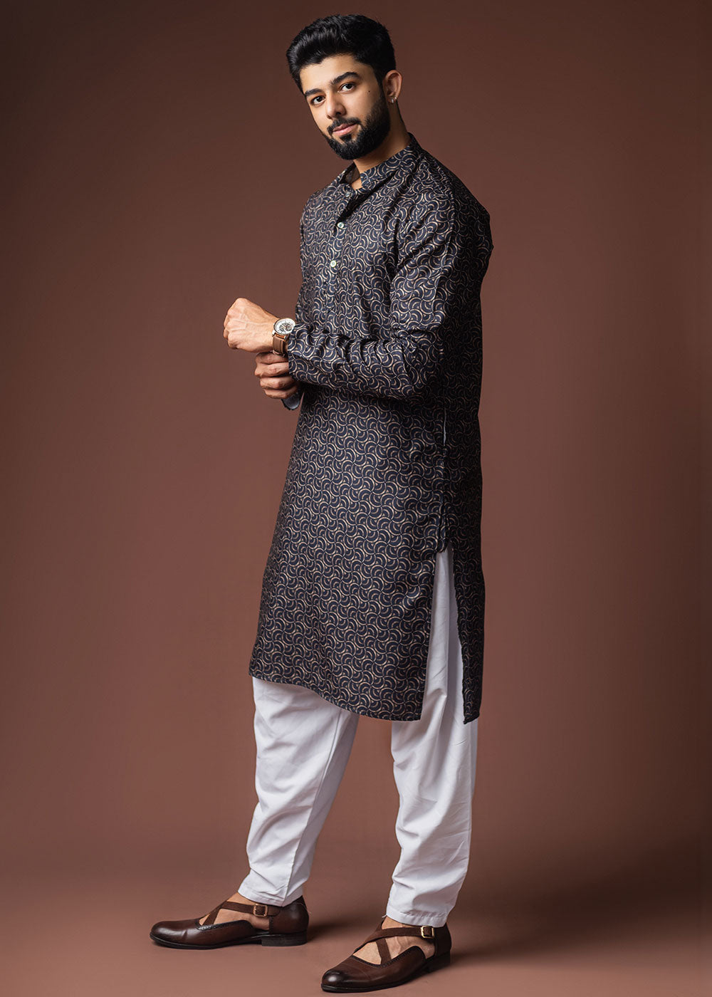 Midnight Blue Blended Linen Kurta with Artistic Mosaic Print