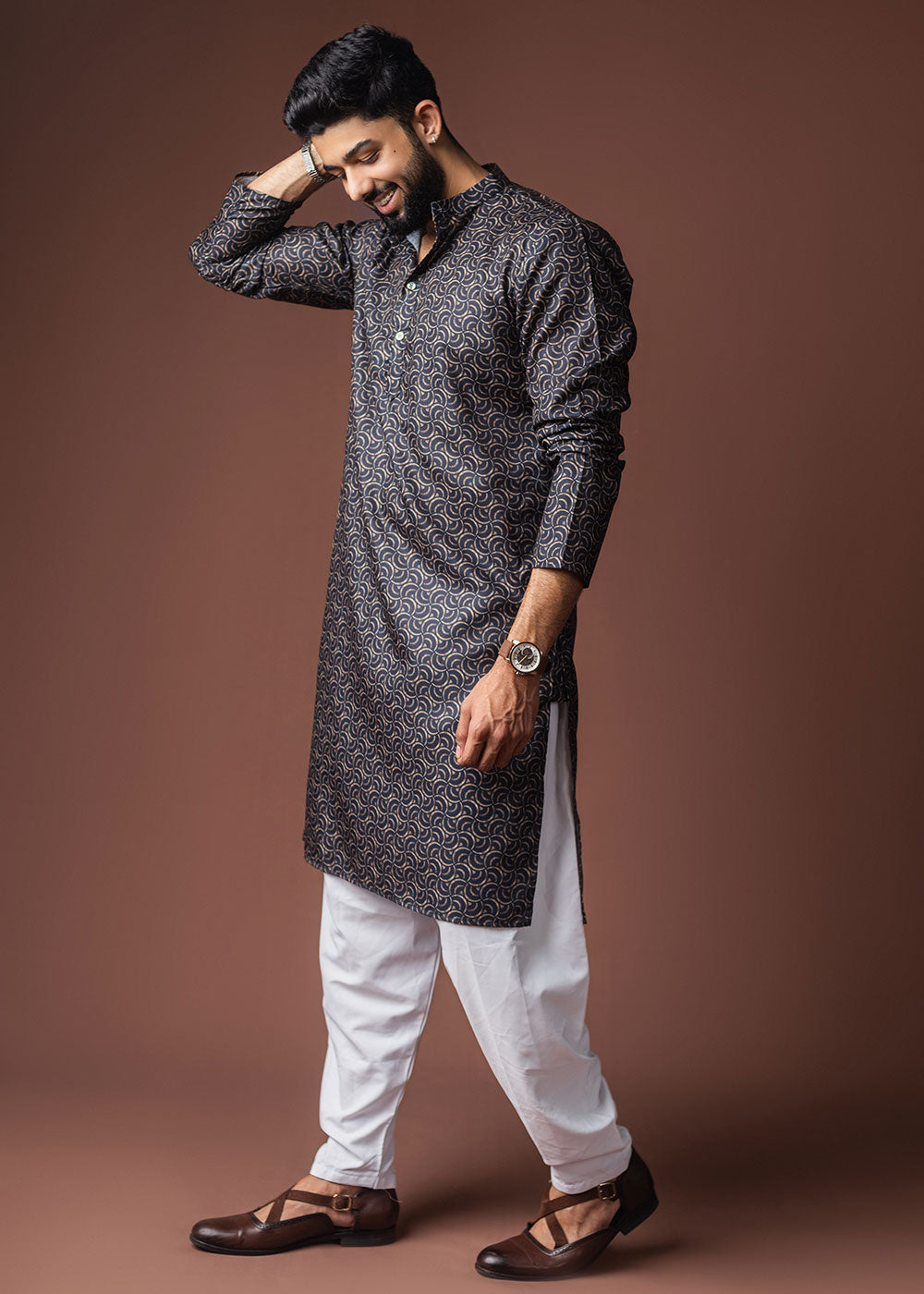 Midnight Blue Blended Linen Kurta with Artistic Mosaic Print
