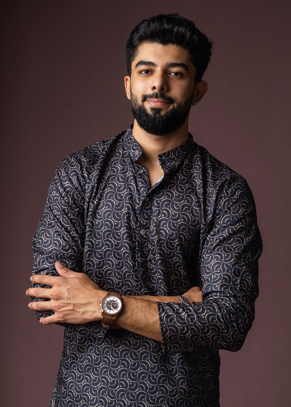 Midnight Blue Blended Linen Kurta with Artistic Mosaic Print