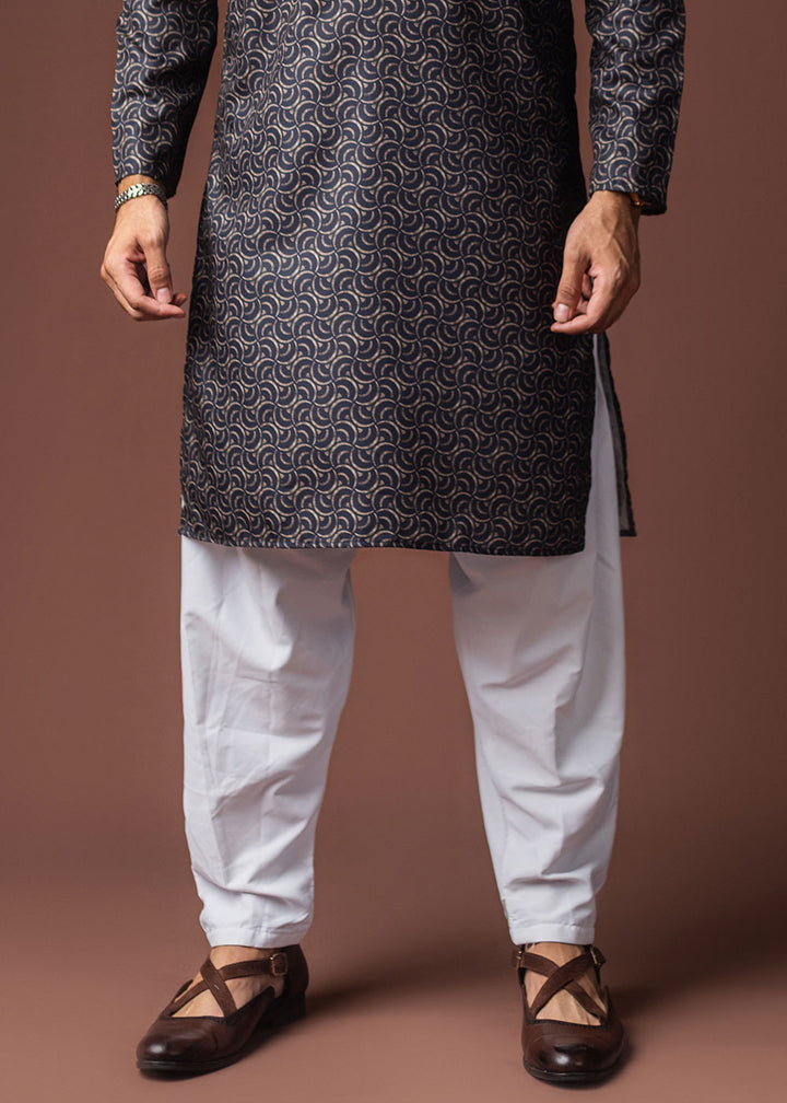 Midnight Blue Blended Linen Kurta with Artistic Mosaic Print