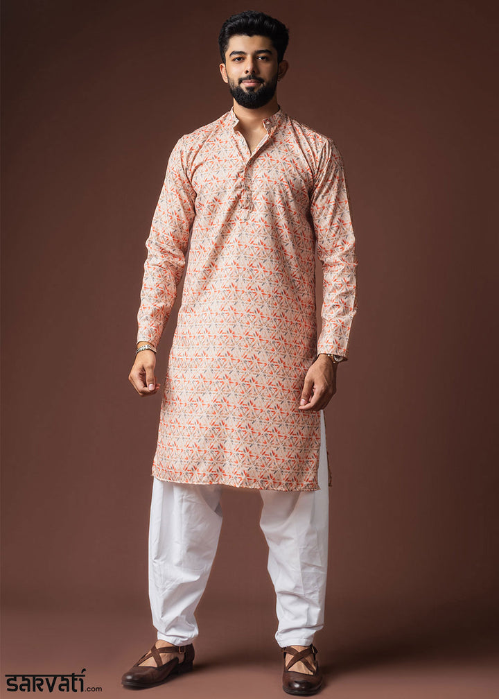 Champagne Orange Blended Linen Kurta with Triangle Motif Pattern