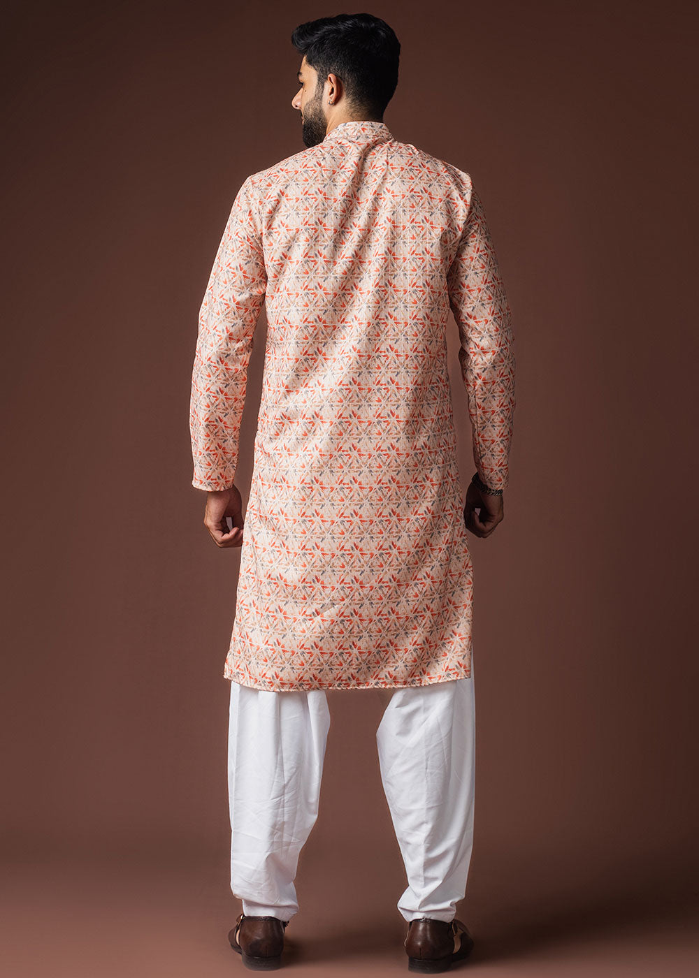 Champagne Orange Blended Linen Kurta with Triangle Motif Pattern