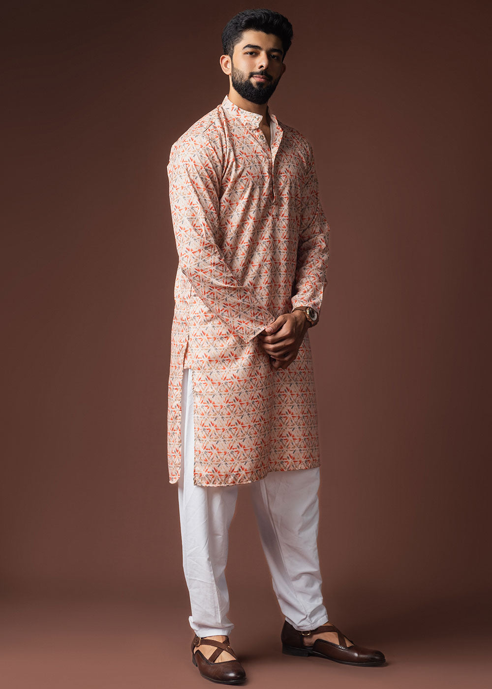 Champagne Orange Blended Linen Kurta with Triangle Motif Pattern