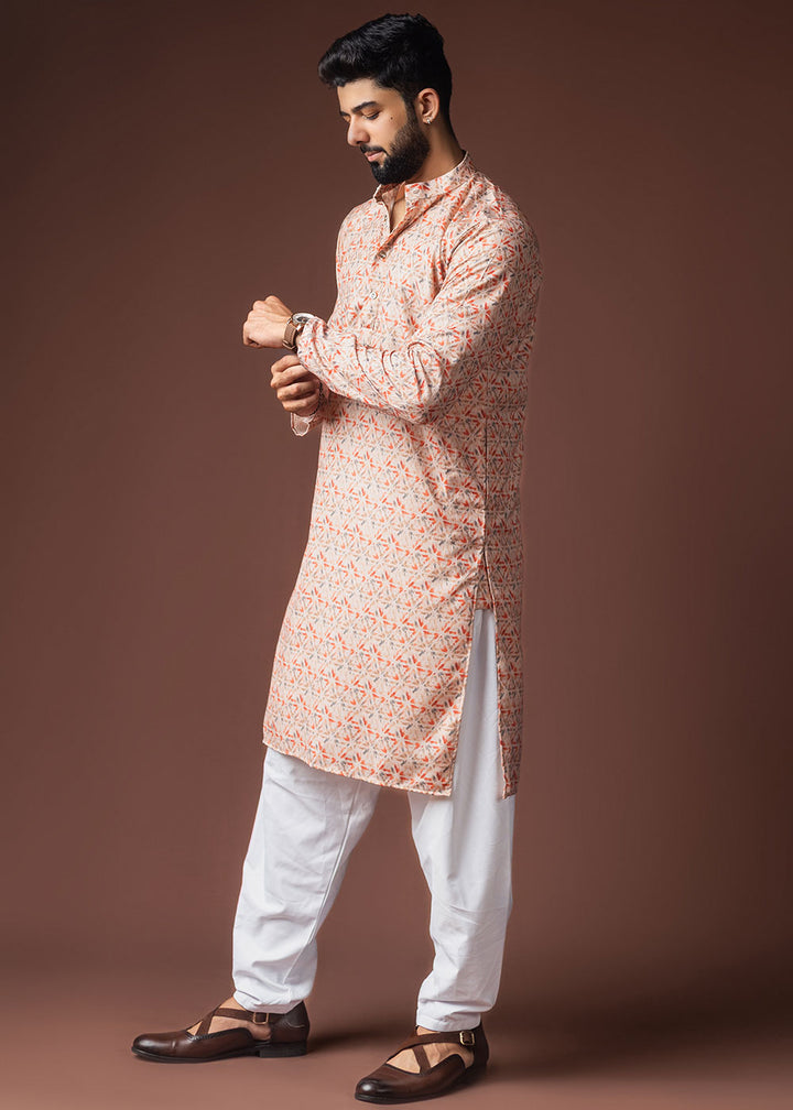 Champagne Orange Blended Linen Kurta with Triangle Motif Pattern