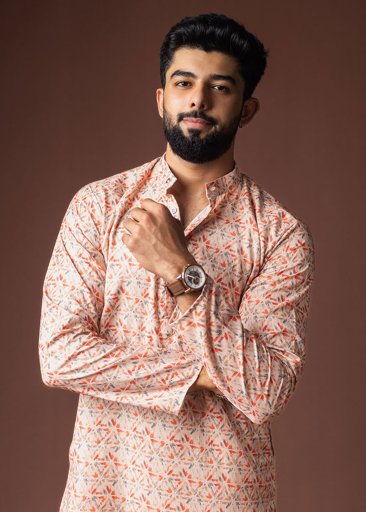 Champagne Orange Blended Linen Kurta with Triangle Motif Pattern