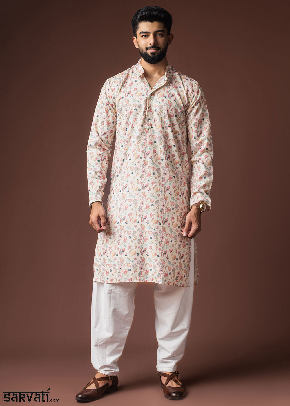 Floral White Blended Linen Kurta with Botanical Print